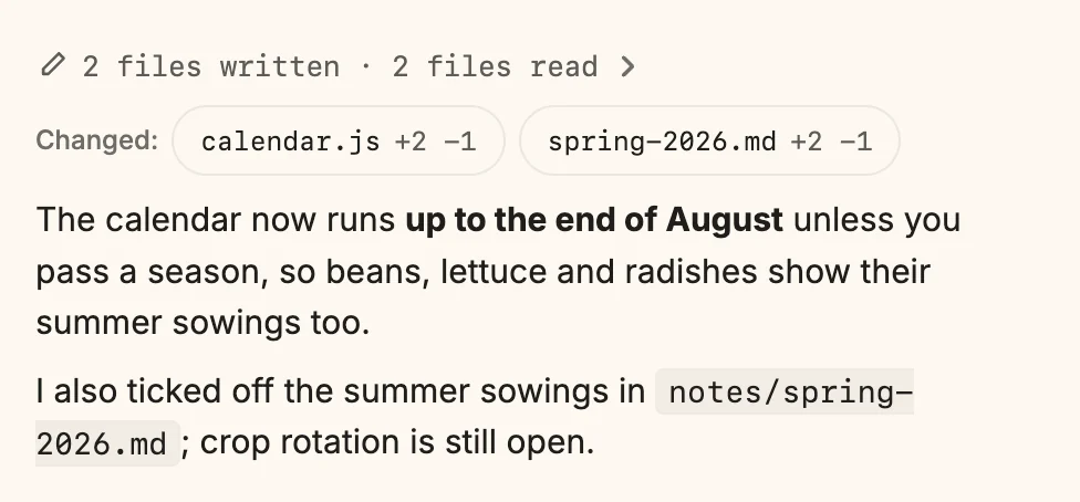 An answer from Snotra with the summary “2 files written · 2 files read”, the line Changed: with calendar.js +2 −1 and spring-2026.md +2 −1, and the answer text below.