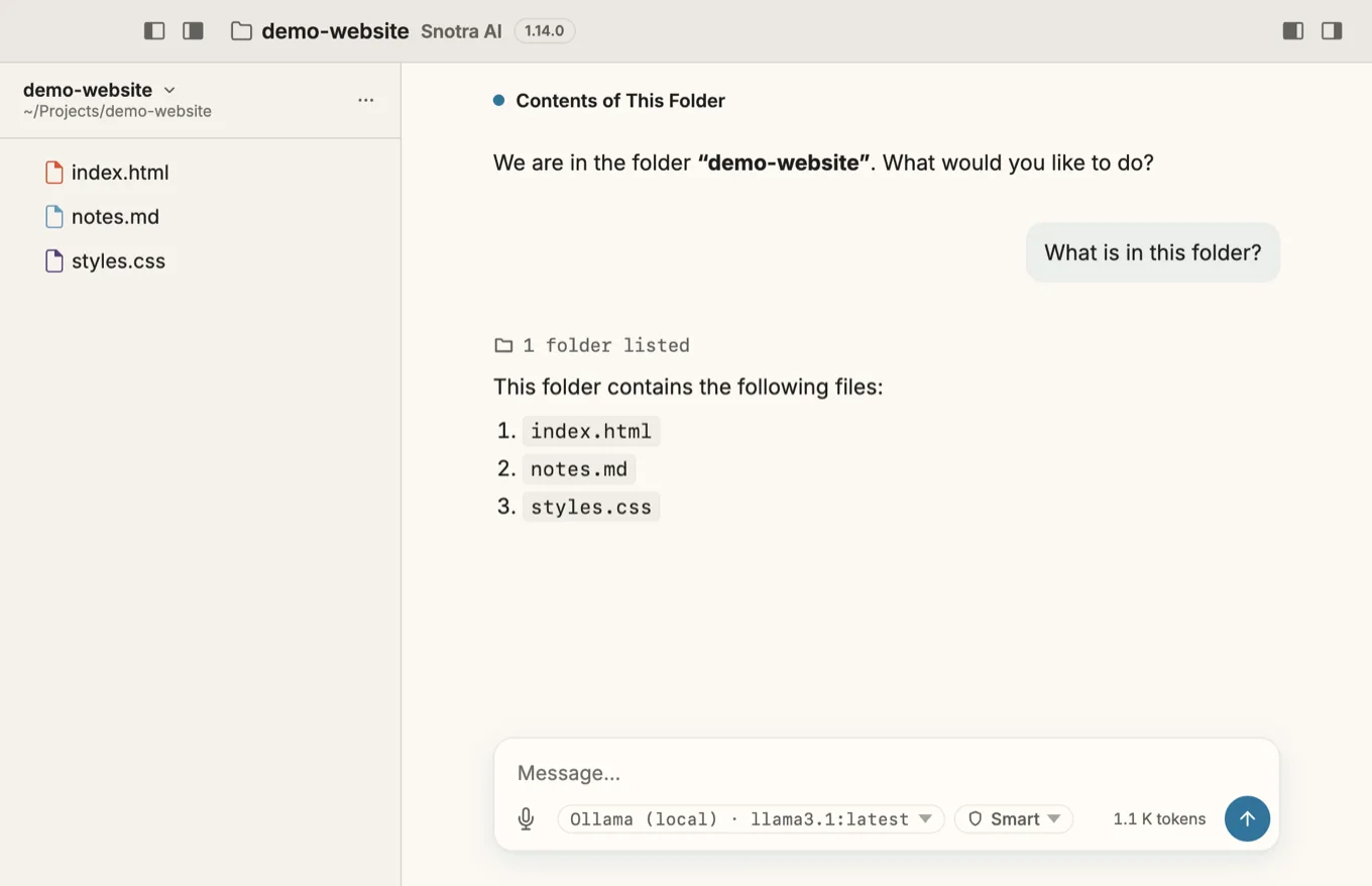 Snotra with the folder “demo-website” open: on the left the files index.html, notes.md and styles.css. In the chat the question “What is in this folder?”, below it a tool card “1 folder listed” and the answer “This folder contains the following files:” with the numbered list index.html, notes.md, styles.css. The model pill reads “Ollama (local) · llama3.1:latest”.