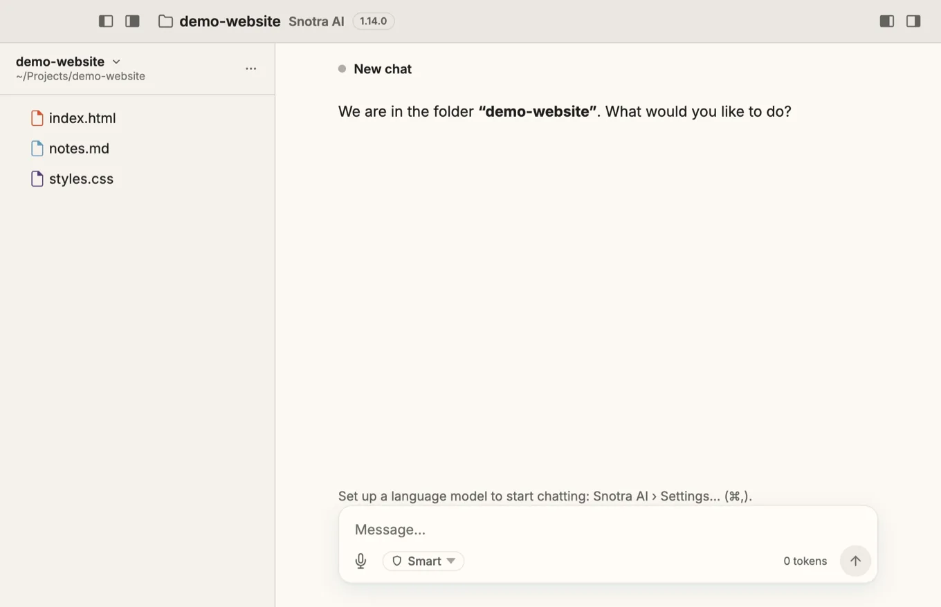 Snotra on first start with the folder “demo-website” open, path ~/Projects/demo-website: on the left the files index.html, notes.md and styles.css, on the right a new chat with the greeting “We are in the folder demo-website. What would you like to do?”. Above the message field the hint “Set up a language model to start chatting: Snotra AI › Settings… (⌘,).” The send button is greyed out.