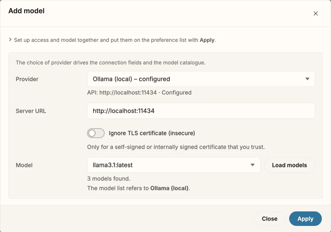 The dialog “Add model” with the provider “Ollama (local) – configured”. Server URL: http://localhost:11434. The switch “Ignore TLS certificate (insecure)” is off. Model: llama3.1:latest, with a button “Load models” and the note “3 models found.” Bottom right: Close and Apply.