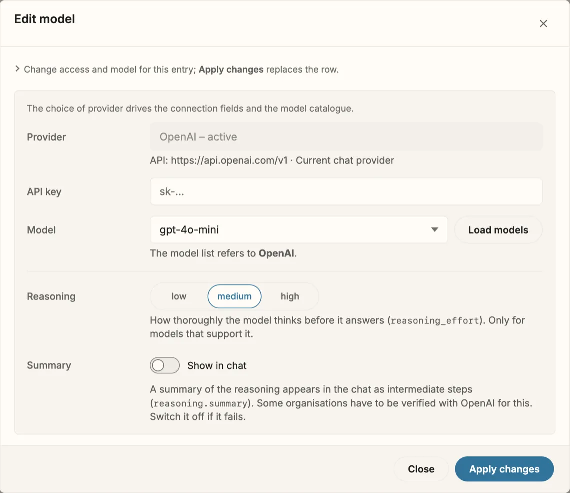 The dialog “Edit model” for the OpenAI entry. Provider: “OpenAI – active”. An empty field “API key” with the placeholder sk-…, below it the model “gpt-4o-mini” with a button “Load models”, a choice of reasoning low, medium or high, and a switch “Show in chat” for the reasoning summary. Bottom right: Close and Apply changes.