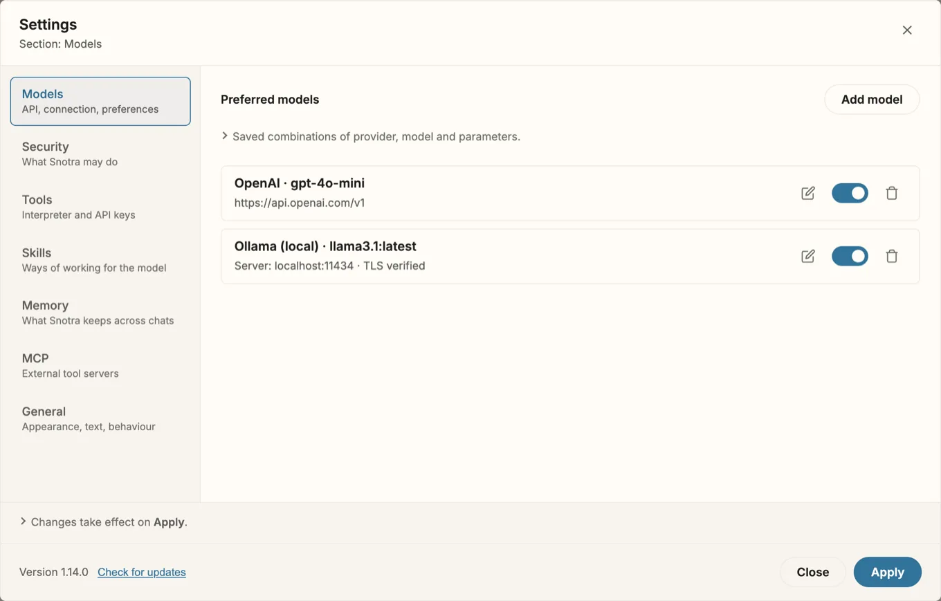Settings › Models with two entries, both switched on: “OpenAI · gpt-4o-mini” with https://api.openai.com/v1, and “Ollama (local) · llama3.1:latest” with “Server: localhost:11434 · TLS verified”. Each row has a pencil, a switch and a trash icon.