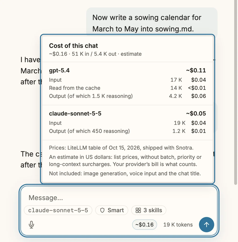 The lower part of a chat about a garden. Above the input, the panel Cost of this chat: about 0.16 dollars, 51 K tokens in and 5.4 K out, an estimate. Under gpt-5.4, about 0.11 dollars: Input 17 K for 0.04 dollars, Read from the cache 14 K for less than a cent, Output of which 1.5 K reasoning 4.2 K for 0.06 dollars. Under claude-sonnet-5-5, about 0.05 dollars: Input 19 K for 0.04 dollars, Output of which 450 reasoning 1.2 K for 0.01 dollars. At the foot, the date of the LiteLLM price table and the note that it is an estimate. In the composer bar below, the figure about 0.16 dollars next to 19 K tokens.